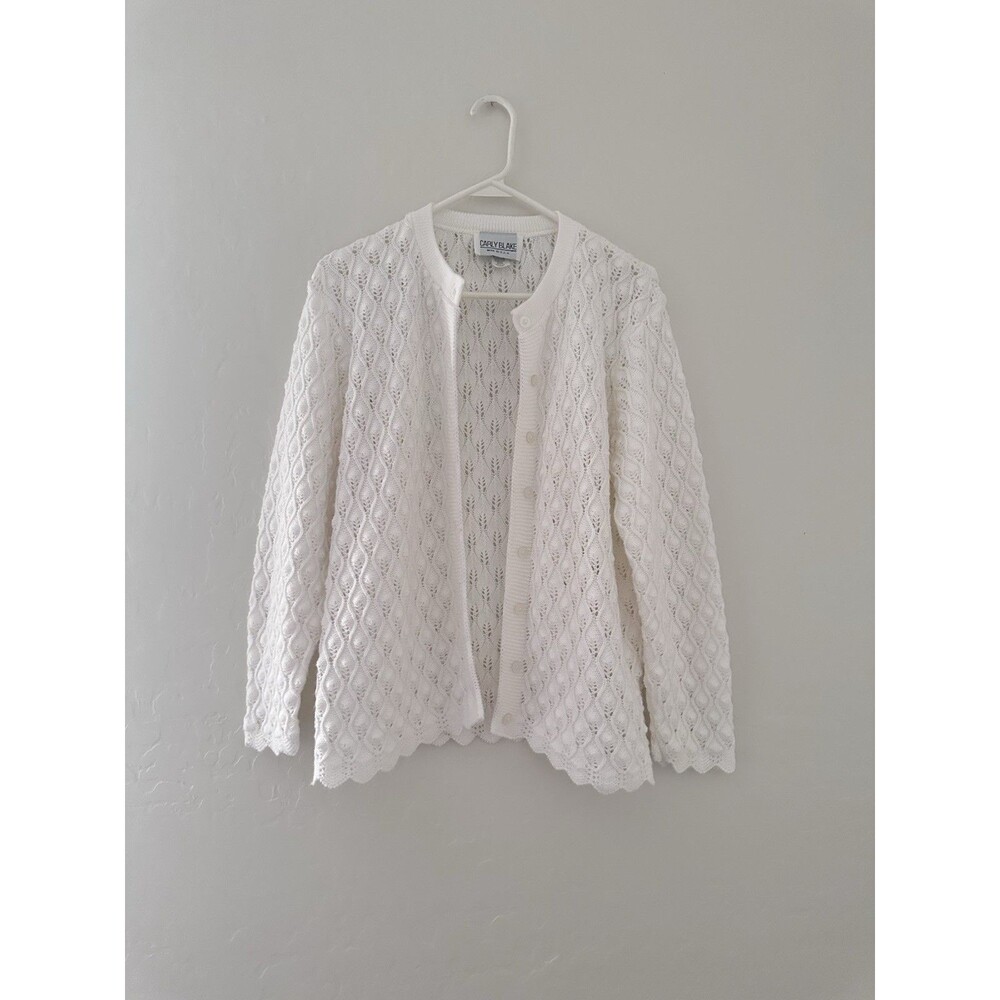 Carly Blake Vintage White Open Knit Cardigan Large 90s USA Feminine Scalloped